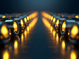 Poster - Glowing metallic cylinders, futuristic scene, reflective surface, technology concept