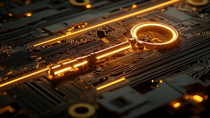 Poster - Golden key on circuit board; digital security