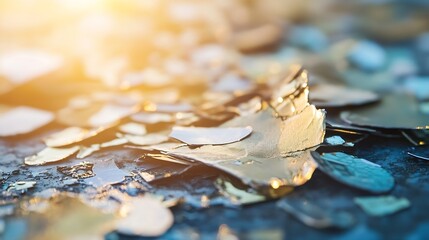 Poster - Shiny golden leaf fragments reflecting sunlight creating a dazzling sparkling background texture : Generative AI