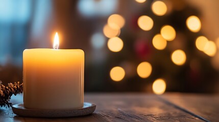 Poster - Serene candle placed on a rustic table with blurred Christmas lights creating a peaceful holiday vibe : Generative AI