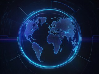 Poster - Global Network: Digital Earth Visualization with Futuristic Interface and Glowing Lines, Exploring Connectivity Worldwide.