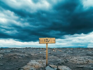 Poster - Wooden sign on rocky beach with cloudy sky in background against coastal scenery