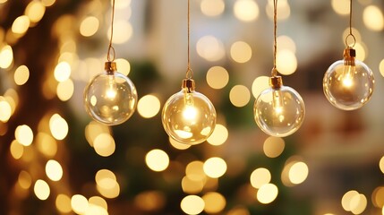 Poster - Beautifully arranged glass ornaments illuminated by warm lights creating a cozy festive atmosphere : Generative AI