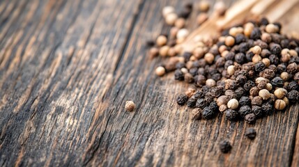 Poster - A closeup of assorted whole and cracked black peppercorns spread on a rustic wooden surface : Generative AI