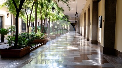 Poster - Sunlit Passageway with Lush Green Plants and Elegant Architecture : Generative AI