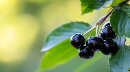 Poster - Fresh Black Cherries on a Branch Against a Soft Green Background : Generative AI