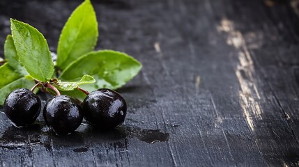 Poster - Ripe Black Cherries on a Dark Wooden Surface with Fresh Green Leaves : Generative AI