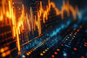 Poster - Bitcoin with price chart, A futuristic city skyline with digital stock market graphs and screens, symbolizing the evolution of financial markets.