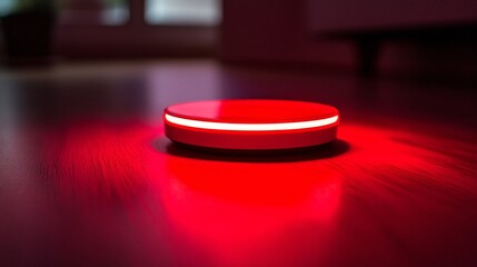Fototapete - Smart home gadget emits a red glow on a wooden floor, signaling an issue or malfunction