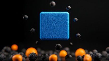 Poster - Vibrant Blue Square Surrounded by Colorful Spheres in Dark Setting