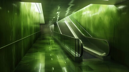 Poster - Modern green-lit escalator leading to futuristic high-tech environment. Concept of smart cities, digital innovation, transportation, and AI-driven infrastructure...