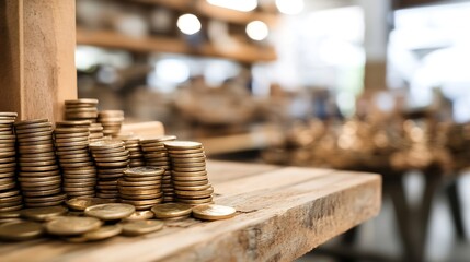 Poster - Stacks of coins arranged neatly on a wooden counter showcasing wealth and currency management concepts : Generative AI