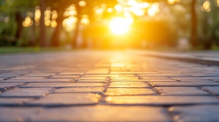 Poster - Golden sunrise illuminating peaceful cobblestone path surrounded by lush greenery in serene park : Generative AI