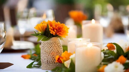 Poster - Charming table arrangement with bright flowers and candles creating warm ambiance for special event : Generative AI