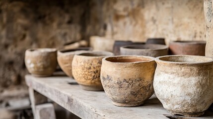 Poster - Row of antique clay pots and jars on a rustic wooden shelf in an archaeological site : Generative AI