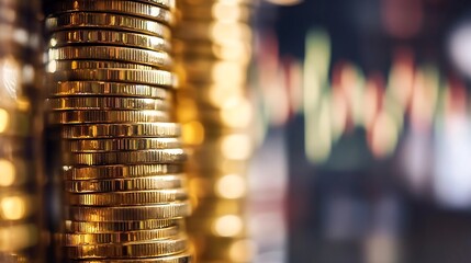 Aufkleber - Close up of shining gold coins stacked in a financial background with vibrant colors and soft focus : Generative AI