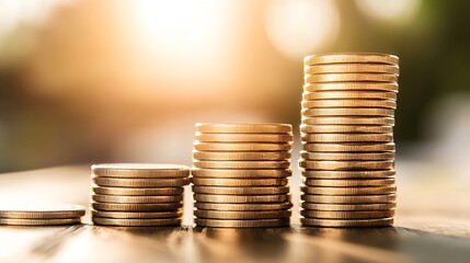 Aufkleber - Stacked gold coins glowing in the morning sunlight representing wealth and financial growth : Generative AI