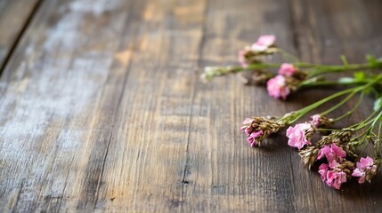 Poster - Delicate pink flowers gently laid out on rustic wooden surface creating a serene and charming natural setting : Generative AI