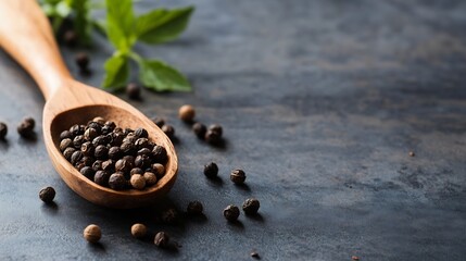Aufkleber - Artistic close up of black pepper seeds placed in a wooden spoon on a textured dark background : Generative AI