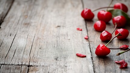 Poster - Fresh red cherries scattered on weathered wooden surface for food photography : Generative AI