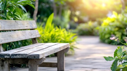 Poster - Wooden bench in a lush garden pathway illuminated by soft warm sunlight : Generative AI