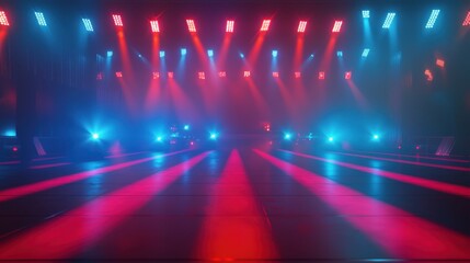 Leinwandbilder - A futuristic concert setup with vibrant red and blue lasers reflecting off thick, billowing fog