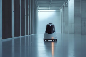 Poster - Autonomous robot navigating in a modern warehouse . A solitary robot is seated in the center of a vast, empty warehouse, surrounded by bare walls and concrete flooring.