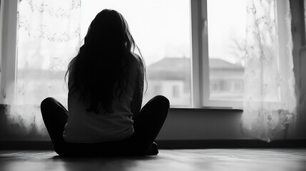 Aufkleber - Silhouetted woman sitting by window with soft curtains reflecting mood of contemplation and solitude : Generative AI