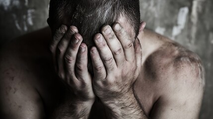 Poster - Distressed man with hands on face expressing deep sadness and emotional struggle : Generative AI