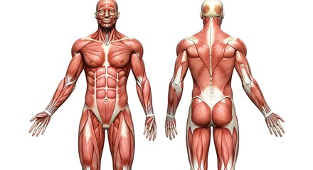 human anatomy muscle structure showing front and back for educational use