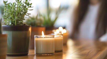 Poster - Warm glowing candles surrounded by plants on a wooden table in soft light : Generative AI