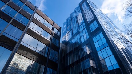Aufkleber - Modern glass buildings reflecting blue skies in an urban landscape showcasing contemporary architecture : Generative AI