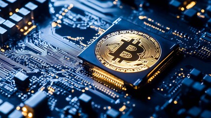 Aufkleber - CloseUp View of a Bitcoin on a Computer Chip Representing Cryptocurrency Technology : Generative AI