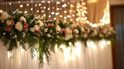 Poster - Beautiful Floral Arrangement with Twinkling Lights for a Stunning Wedding Backdrop : Generative AI