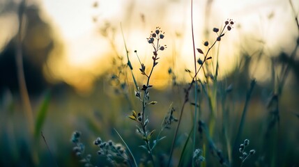 Poster - Closeup of delicate wildflowers in a field illuminated by soft golden sunlight : Generative AI