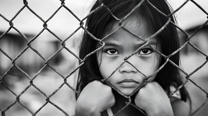 Aufkleber - A vulnerable young girl looking through a protective metal fence yearning for freedom and hope : Generative AI