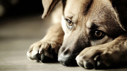 Poster - Close up portrait of a sad dog laying on the floor with expressive eyes looking away : Generative AI