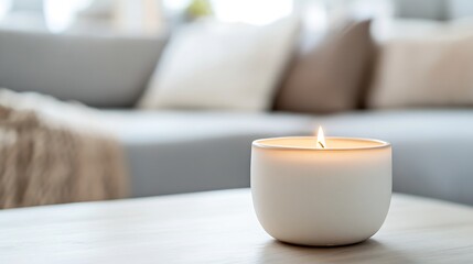 Poster - Aromatic candle burning softly in a minimalist white container on a wooden table : Generative AI