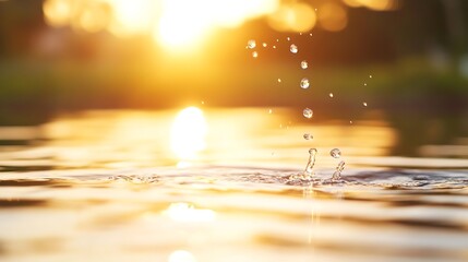 Poster - Captivating closeup of water droplets reflecting sunlight creating a mesmerizing ripple effect on the serene lake : Generative AI