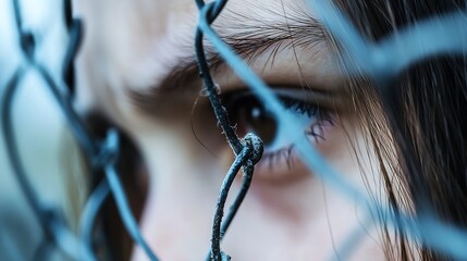 Aufkleber - Intense CloseUp of a Young Girl's Eye Behind a Chain Link Fence : Generative AI