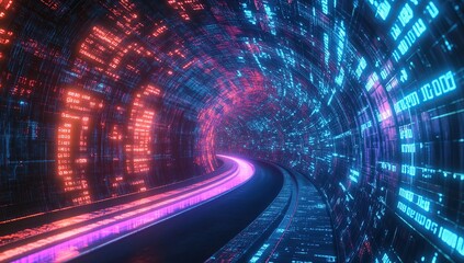 Poster - Digital Tunnel: Data Streams Flowing Through a Neon Cyber Corridor, Futuristic Technology Speeds Ahead
