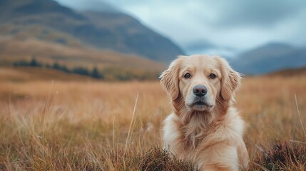 Poster - Golden retriever dog sitting in a grassy field with mountains in the background under a cloudy sky : Generative AI