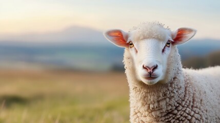 Poster - Adorable fluffy sheep standing in a picturesque green landscape during sunset : Generative AI