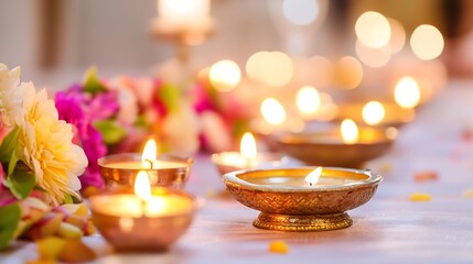 Poster - Beautifully arranged decorative candles with vibrant flowers creating a serene atmosphere at a festive celebration : Generative AI