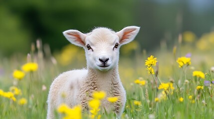 Poster - Adorable young lamb standing in vibrant wildflower meadow under soft sunlight : Generative AI