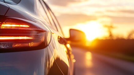 Poster - Luxury car parked by the road with stunning sunset and golden skies reflecting on its sleek surface : Generative AI