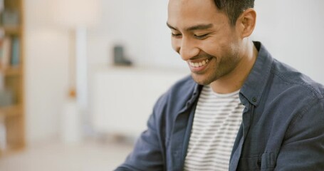 Poster - Smile, businessman at desk with computer for research on online article, review or networking. Email feedback, website search and happy man in modern office working on business development report.