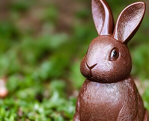 Wall Mural - Chocolate bunny outdoors, green background, Easter