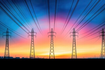 Poster - Electricity towers silhouetted against a colorful sunset sky with clouds and warm light