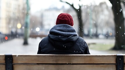 Aufkleber - Man Sitting on Wooden Bench Covered in Snow Looking at Winter Park Landscape : Generative AI